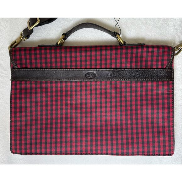 New FOSSIL Canvas Messenger Laptop Travel Business Bag Red Black Gingham Check - Picture 2 of 6